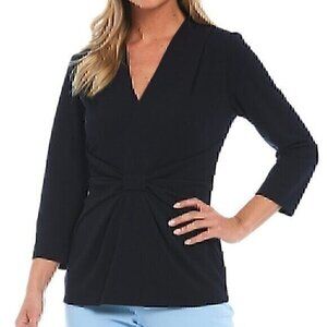NEW NWT PRESTON YORK Solid Navy Blue Bow 3/4 Sleeve Polyester Blouse Top Small S